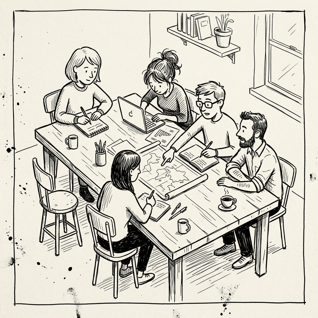 Five people collaborating around a table with maps, notebooks, and laptops